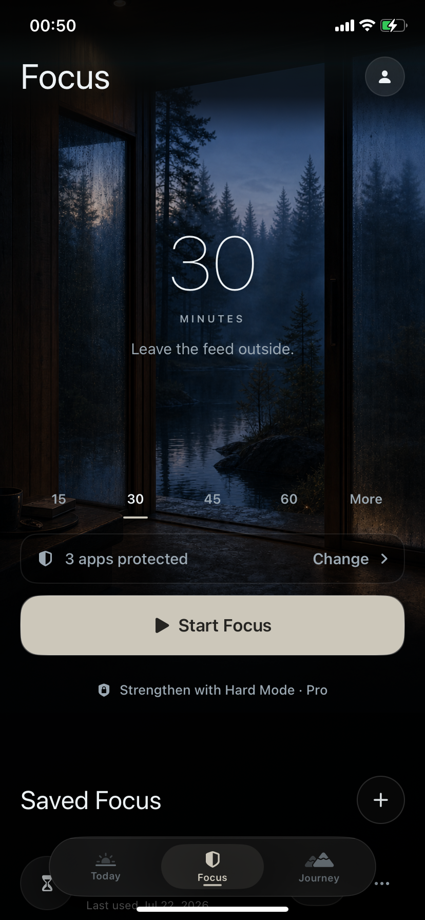 Unscroll Focus screen showing a 30 minute protected session