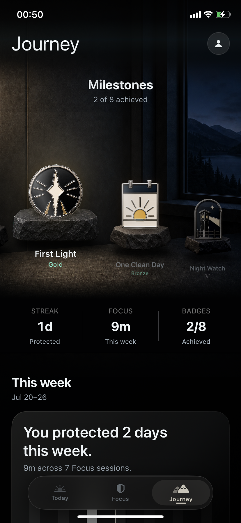 Unscroll Journey screen showing milestones, a streak, and weekly protected time
