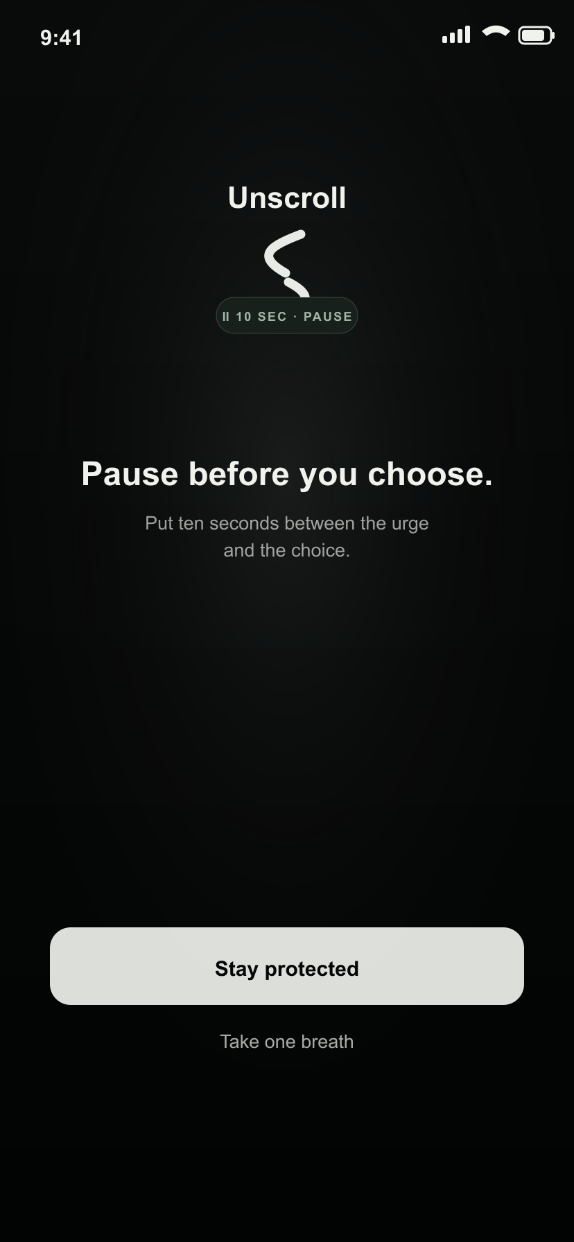 Unscroll shield screen showing a pause before opening a protected feed