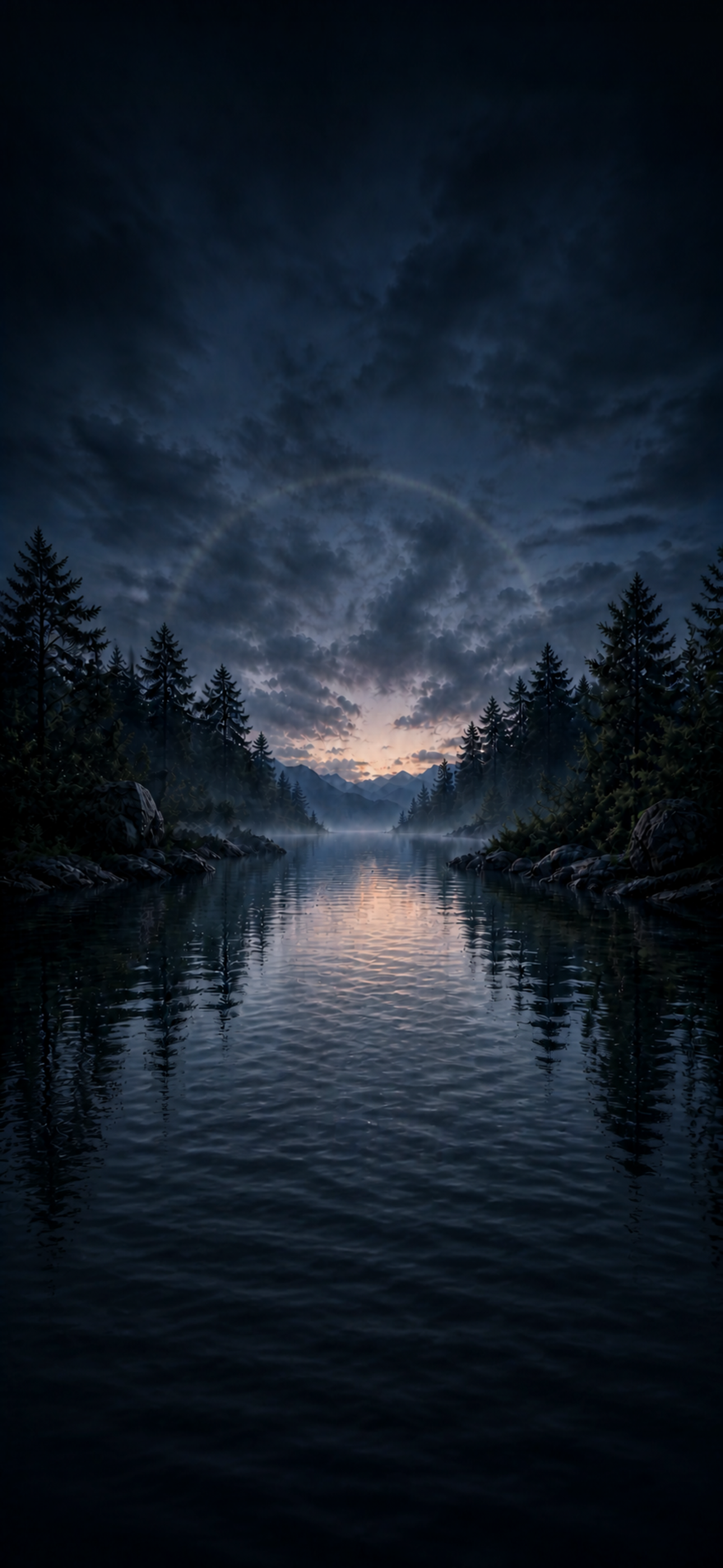 A quiet lake at first light, surrounded by dark trees and mist