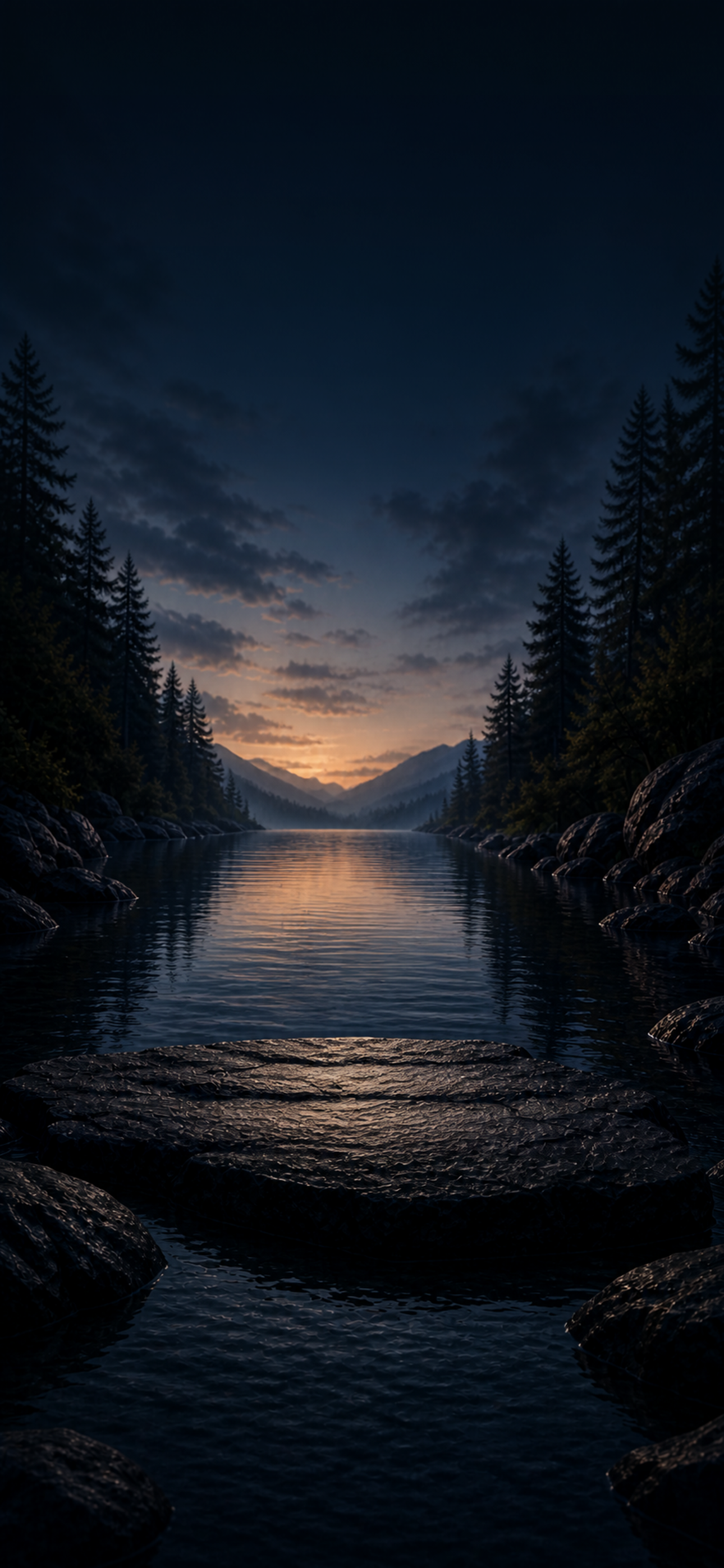 A dark forest edge in blue light