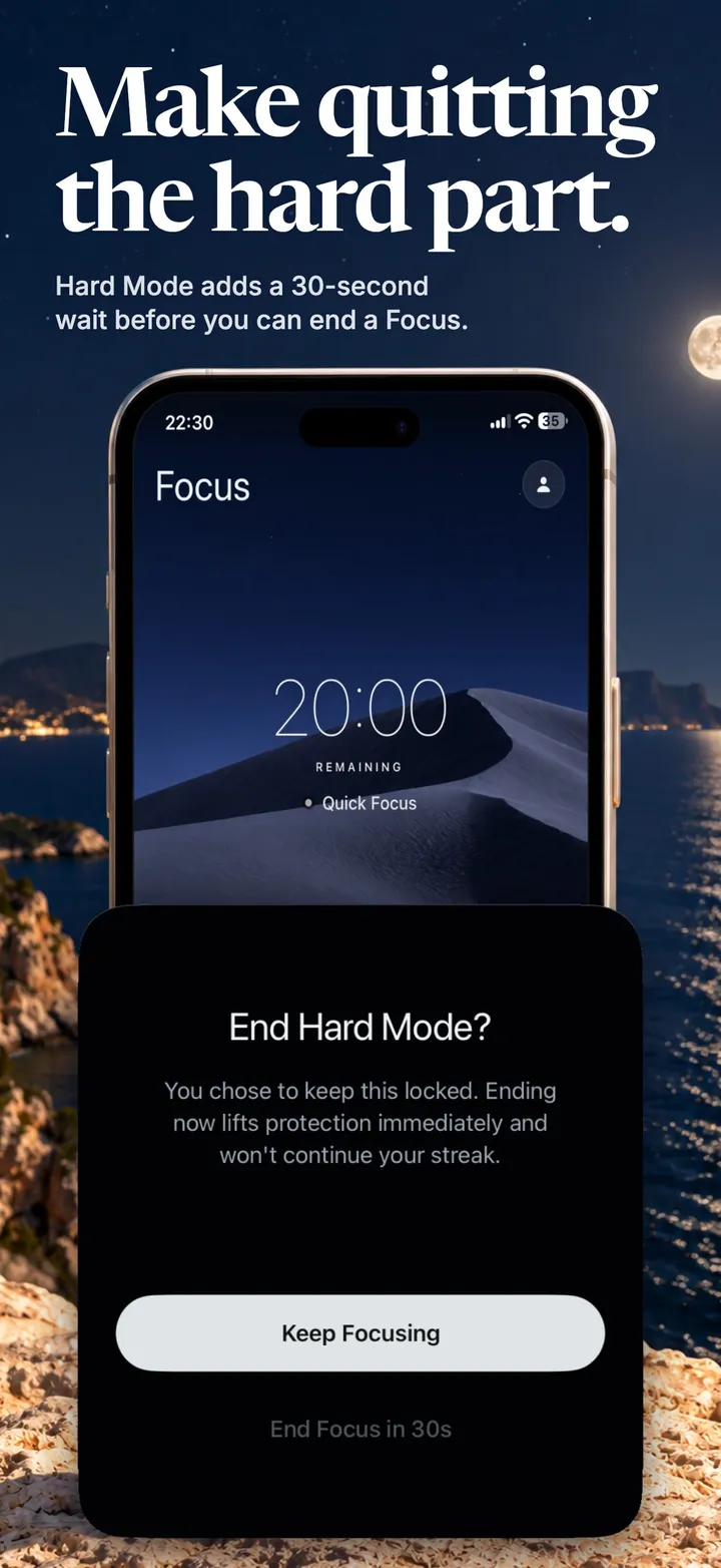 End Hard Mode prompt with a 30-second wait before the Focus can end