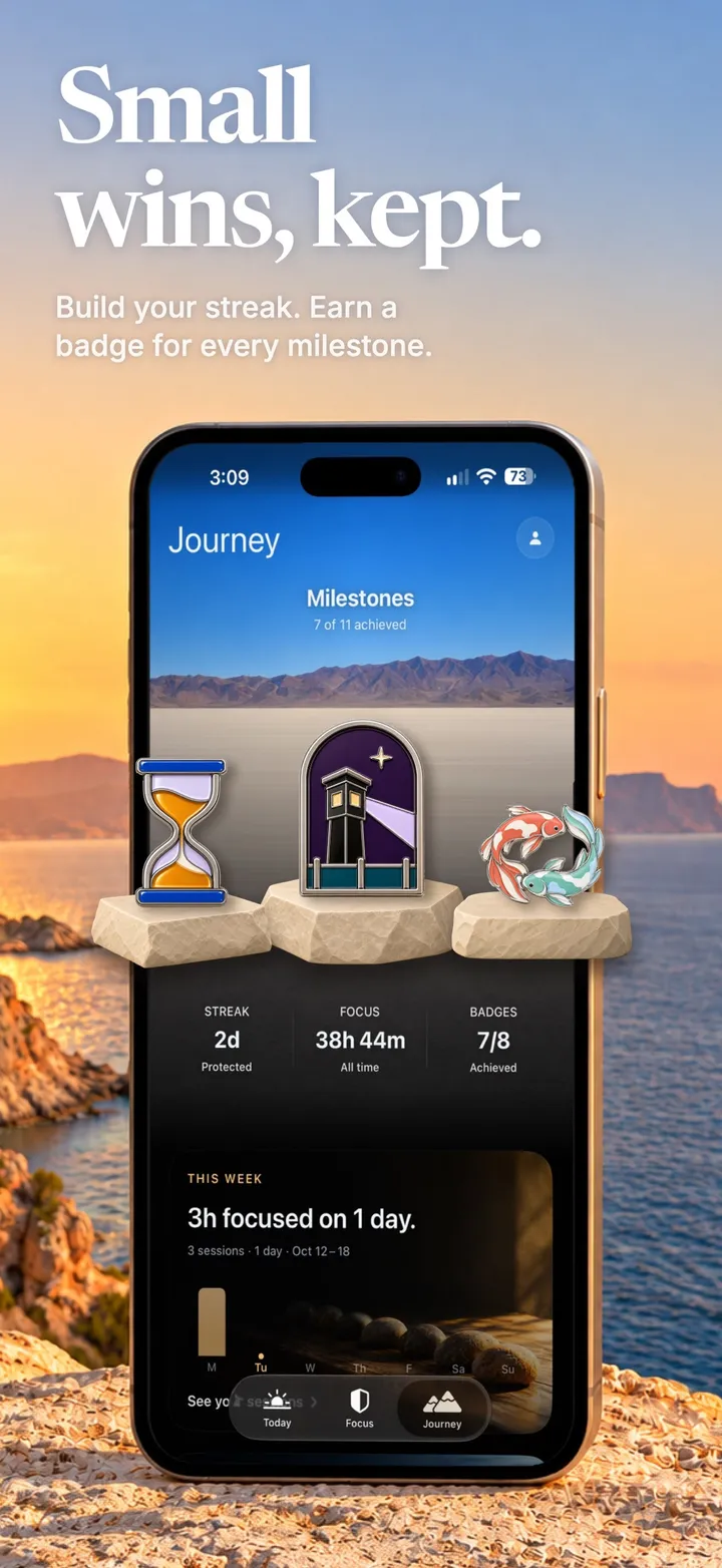 Unscroll Journey with a streak, focus hours and collectible badges